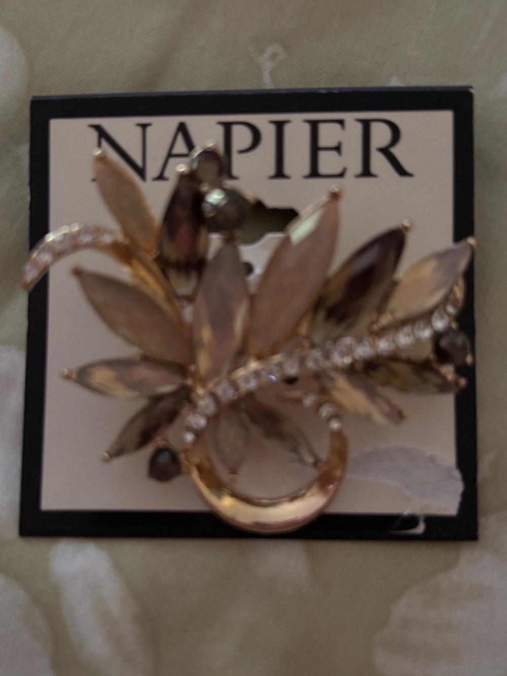 Napier Gold-Tone Champagne and Clear Leaf Brooch